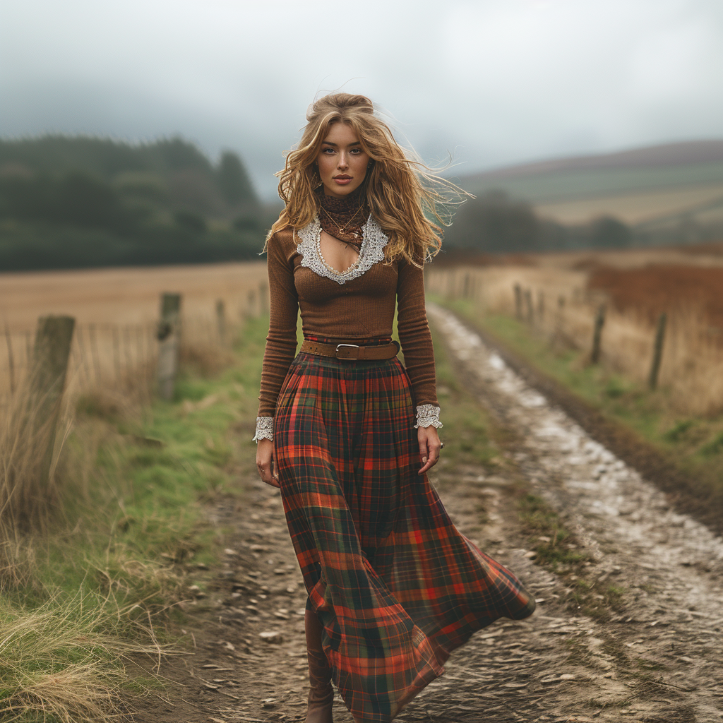 Women's Retro Plaid V-neck Long-sleeve Long Skirt Pastoral Style Maxi Long Dress