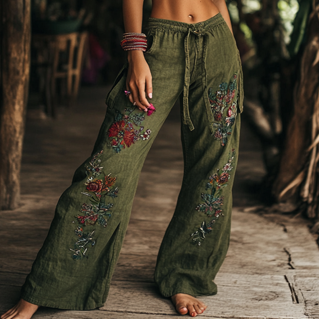 Bohemian Holiday Style Retro Linen Floral Ethnic Totem Print Casual Pants