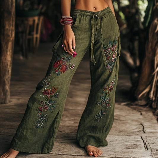 Bohemian Holiday Style Retro Linen Floral Ethnic Totem Print Casual Pants