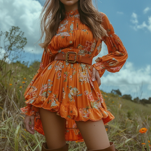 Women's Retro Floral Bohemian Pastoral Style Long-sleeved Mini Short Dress