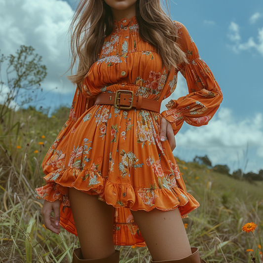Women's Retro Floral Bohemian Pastoral Style Long-sleeved Mini Short Dress