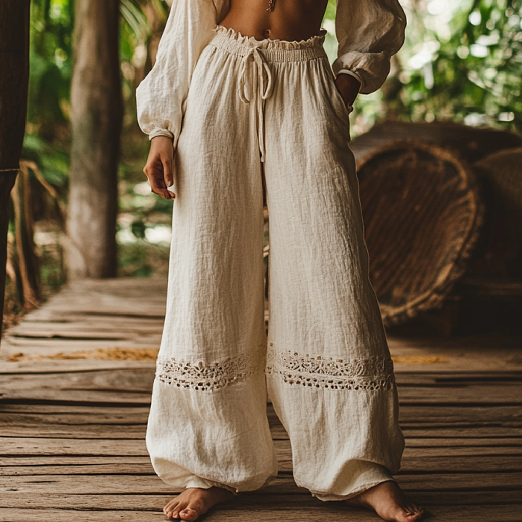Bohemian Holiday Style Retro Linen Floral Ethnic Totem Print Casual Pants