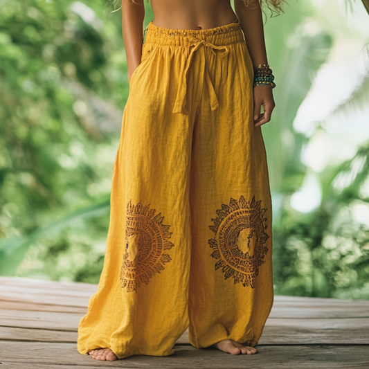 Bohemian Holiday Style Retro Linen Floral Ethnic Totem Print Casual Pants