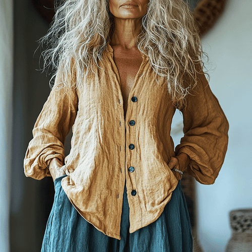 Women's Linen Bohemia Style Plain Long-sleeved Breathable Top Shirt