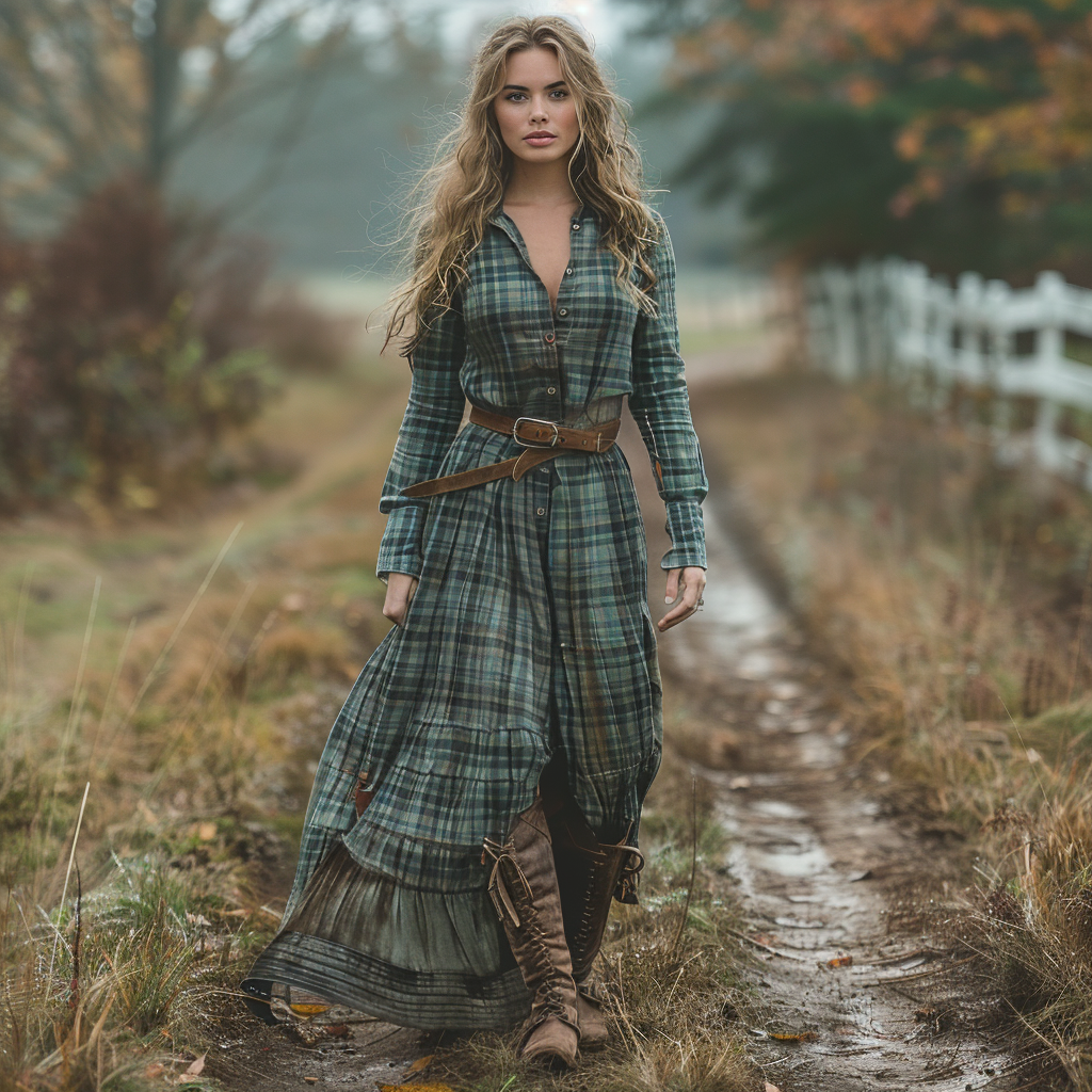 Women's Vintage V-neck Bohemian Pastoral Style Long-sleeve Maxi Long Dress