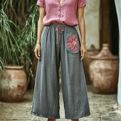 Women's Linen Ethnic Bohemian Style Floral Casual Simple Wide-leg Trousers Pants