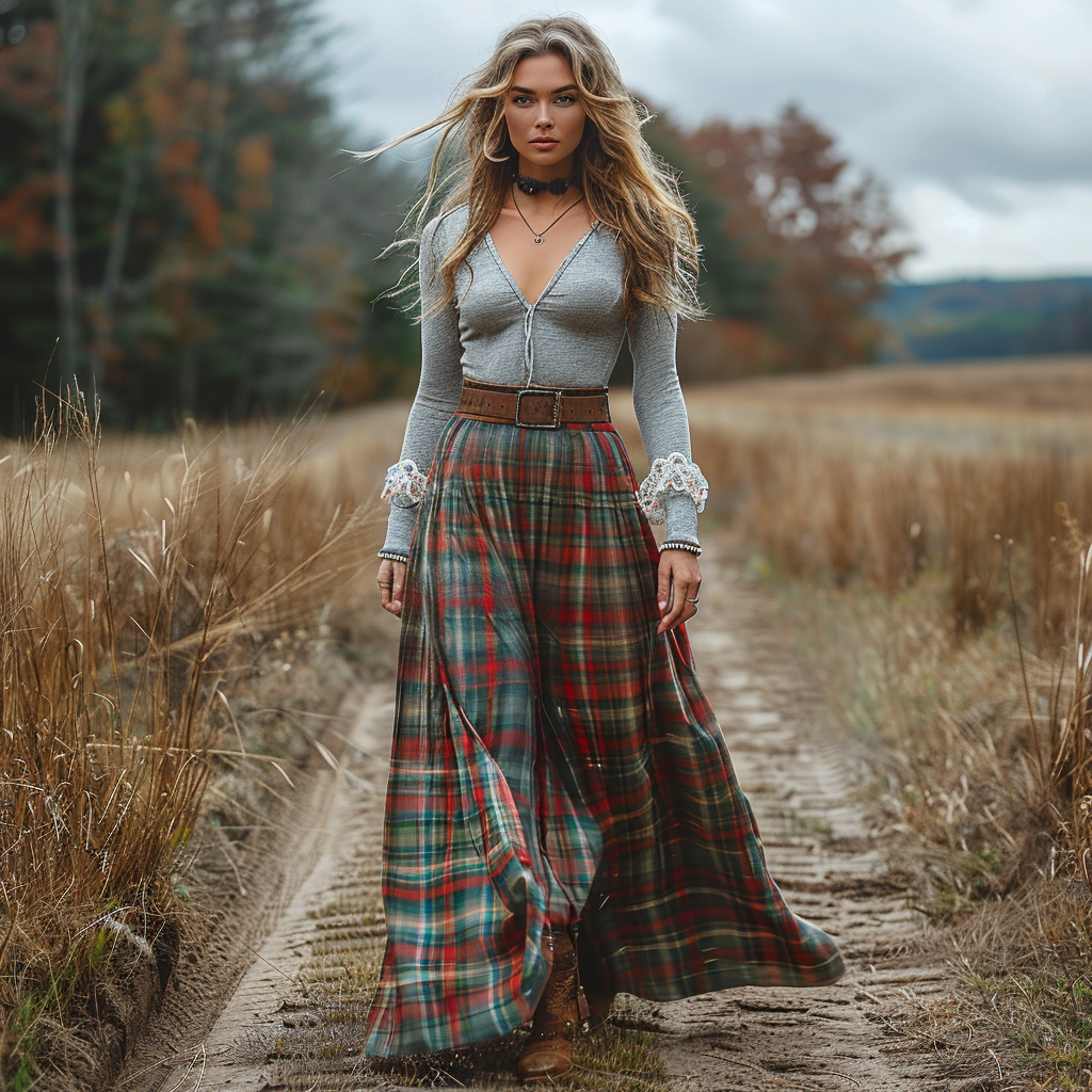 Women's Retro Plaid V-neck Long-sleeve Long Skirt Pastoral Style Maxi Long Dress