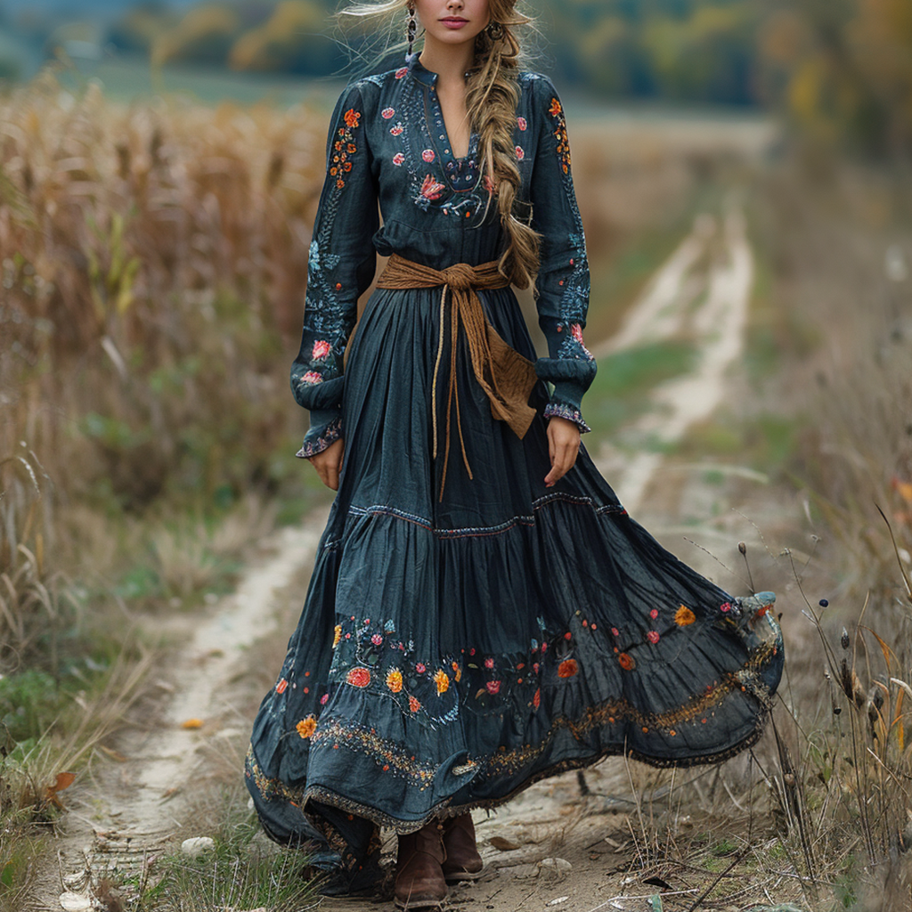 Women's Vintage V-neck Floral Bohemian Pastoral Style Long-sleeved Maxi Long Dress