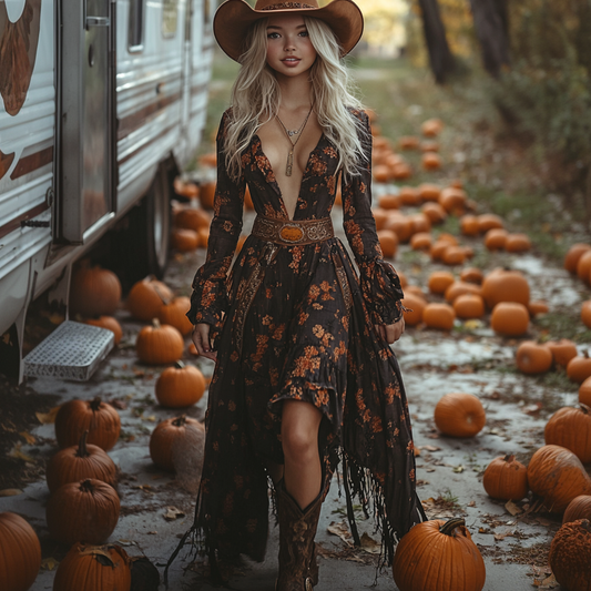 Vintage Cowgirl Style Halloween Floral Dress