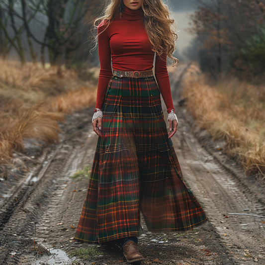 Women's Retro High Neck Long-sleeve Long Skirt Plaid Pastoral Style Maxi Long Dress