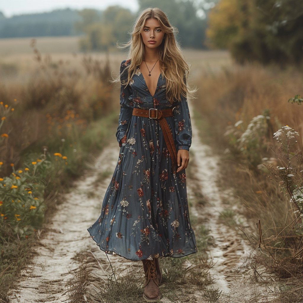 Women's Retro V-neck Floral Long-sleeve Bohemian Pastoral Style Maxi Long Dress