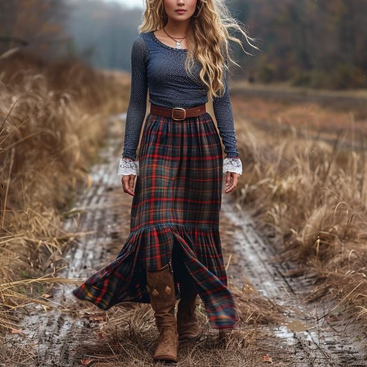 Women's Retro Plaid Long-sleeve Long Skirt Pastoral Style Maxi Long Dress