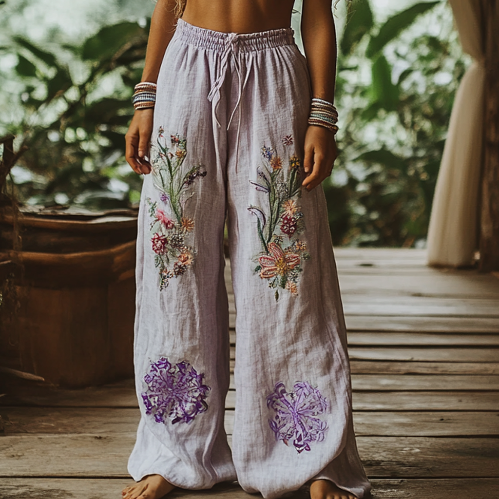 Hamivibe Vintage Bohemian Floral Art Printed Cotton Linen Wide Leg Pants 3466