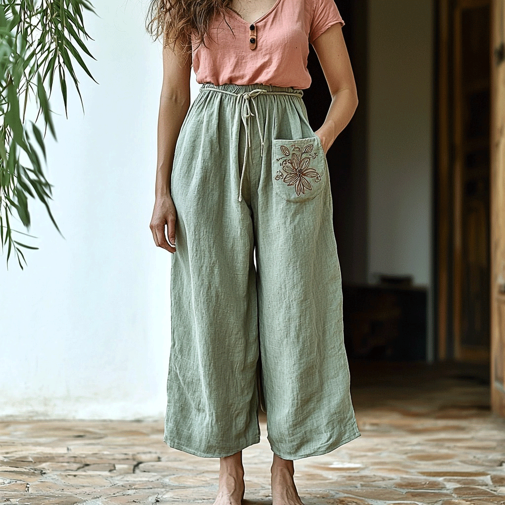 Women's Linen Bohemian Floral Pocket Cropped Harem Trouser Pants