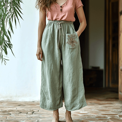 Women's Linen Bohemian Floral Pocket Cropped Harem Trouser Pants