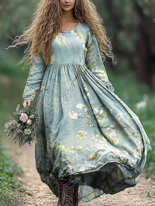 Women's Boho Floral Print Crew Neck Pocket Cotton Dress