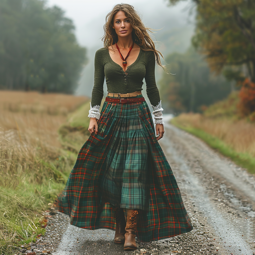 Women's Retro Plaid V-neck Long-sleeve Long Skirt Pastoral Style Maxi Long Dress