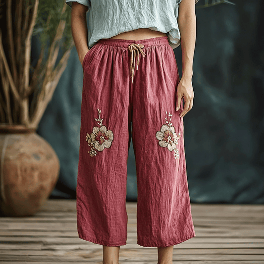 Women's Linen Bohemian Cropped Wide-leg Trouser Pants
