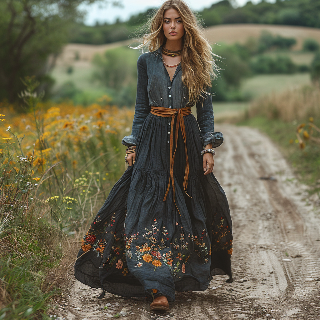 Women's Vintage V-neck Floral Bohemian Pastoral Style Long-sleeved Maxi Long Dress