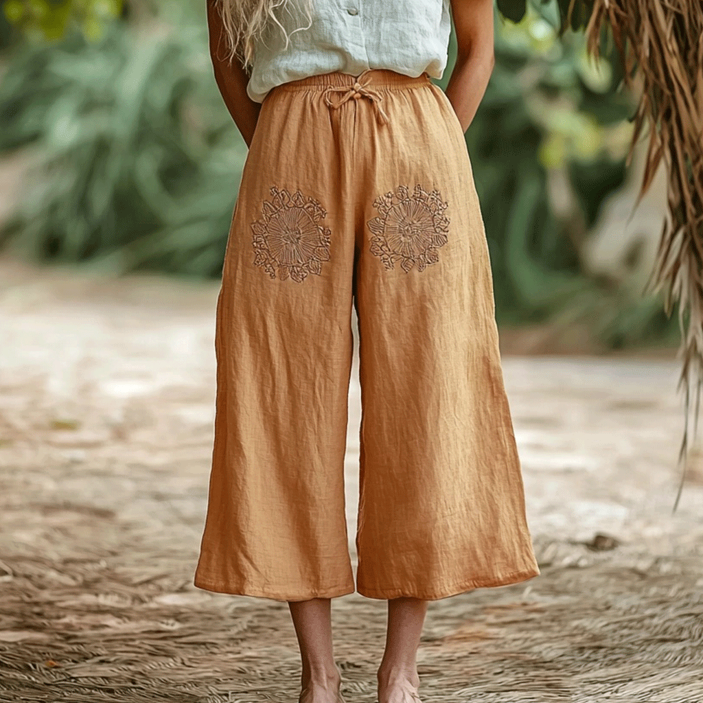 Women's Linen Ethnic Bohemian Floral Wide-leg Cropped Trouser Pants