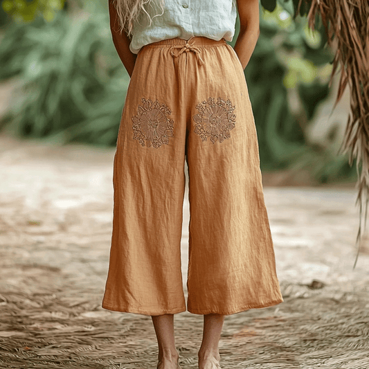 Women's Linen Ethnic Bohemian Floral Wide-leg Cropped Trouser Pants