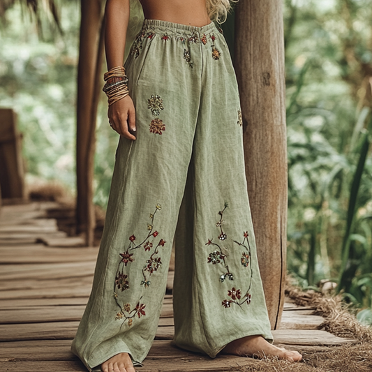 Bohemian Holiday Style Retro Linen Floral Ethnic Totem Print Casual Pants