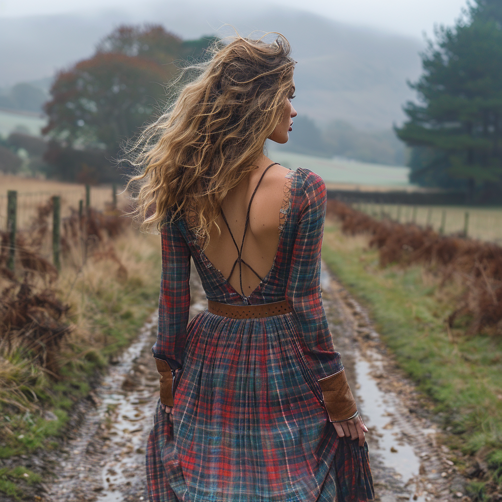 Women's Retro Pastoral Style Plaid Long-sleeve Sexy Maxi Long Dress