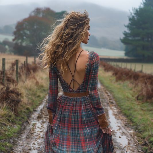 Women's Retro Pastoral Style Plaid Long-sleeve Sexy Maxi Long Dress