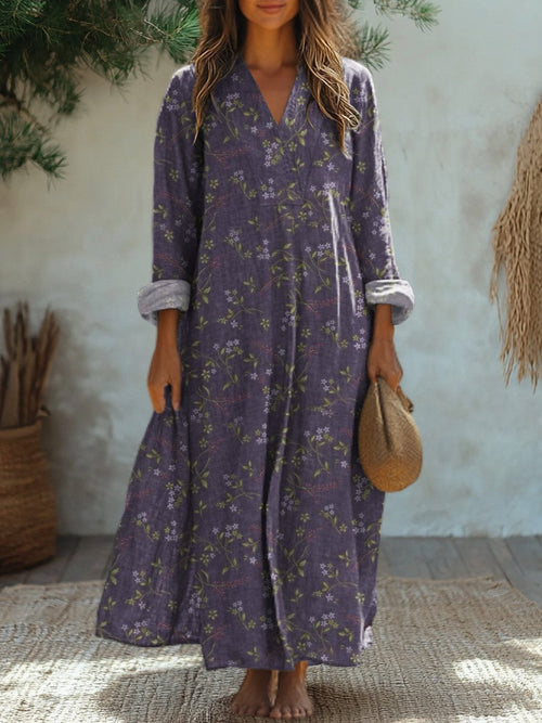 Vintage Lavender Floral Pattern Printed Women's Dress