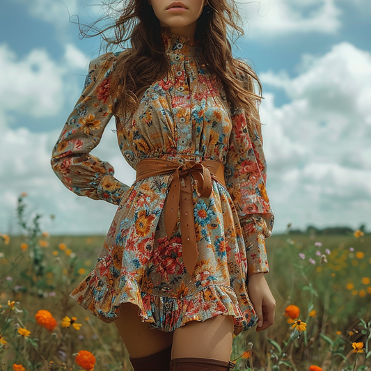 Women's Retro Floral Bohemian Pastoral Style Long-sleeved Mini Short Dress