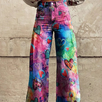 Women's Colorful Heart Print Casual Wide Leg Pants 4694