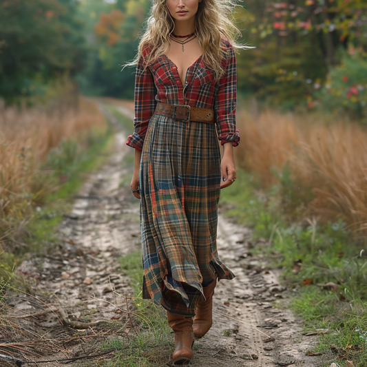 Women's Retro V-neck Plaid Long-sleeve Bohemian Pastoral Style Maxi Long Dress