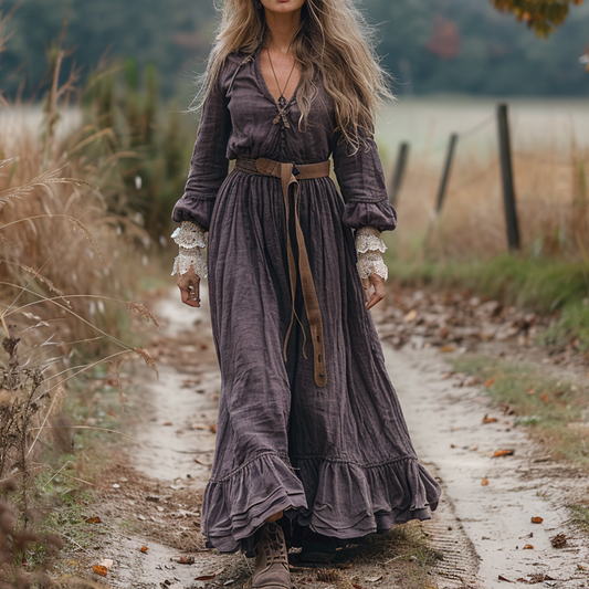 Women's Vintage V-neck Linen Long-sleeve Maxi Long Dress