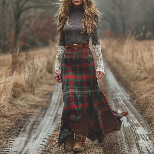 Women's Retro High Neck Long-sleeve Long Skirt Plaid Pastoral Style Maxi Long Dress