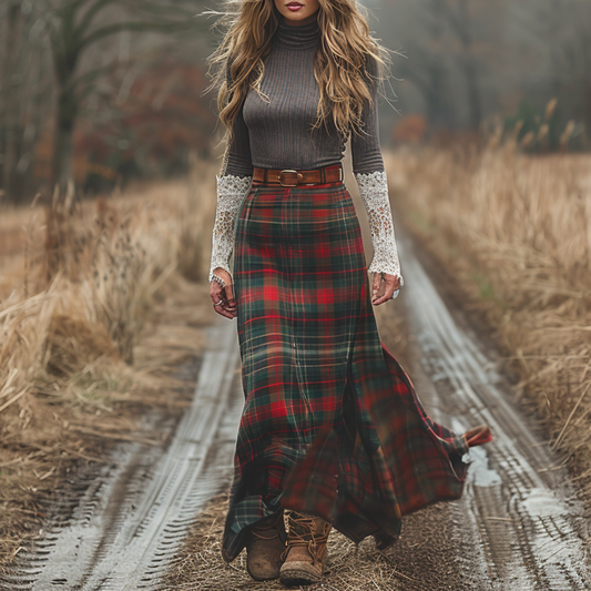 Women's Retro High Neck Long-sleeve Long Skirt Plaid Pastoral Style Maxi Long Dress