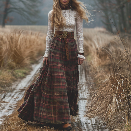 Women's Retro High Neck Long-sleeve Long Skirt Plaid Pastoral Style Maxi Long Dress