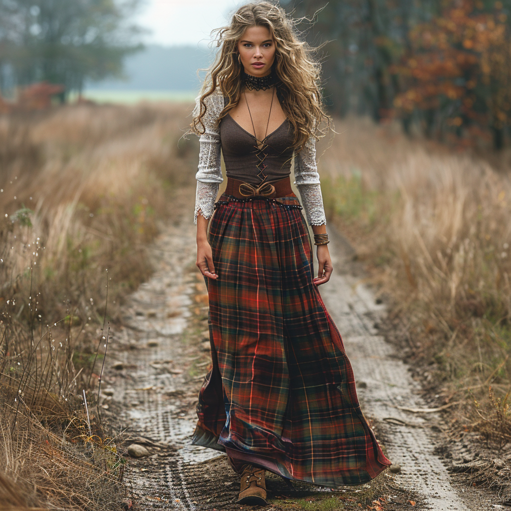 Women's Retro Plaid V-neck Long-sleeve Long Skirt Pastoral Style Maxi Long Dress