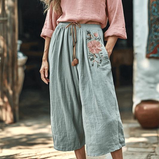 Women's Linen Bohemian Floral Style Cropped Harem Trouser Pants