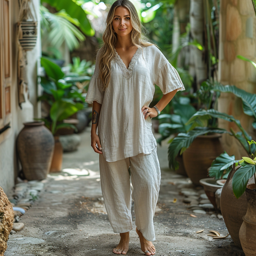 Retro Loose Bohemia Ethnic Style Linen V-neck Short-sleeved Top
