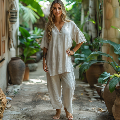 Retro Loose Bohemia Ethnic Style Linen V-neck Short-sleeved Top