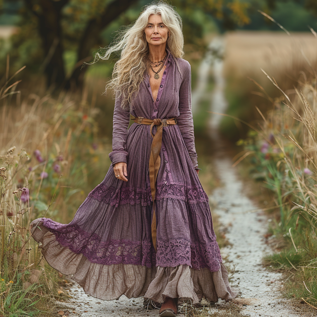 Women's Vintage Pastoral Style V-neck Linen Long-sleeve Maxi Long Dress