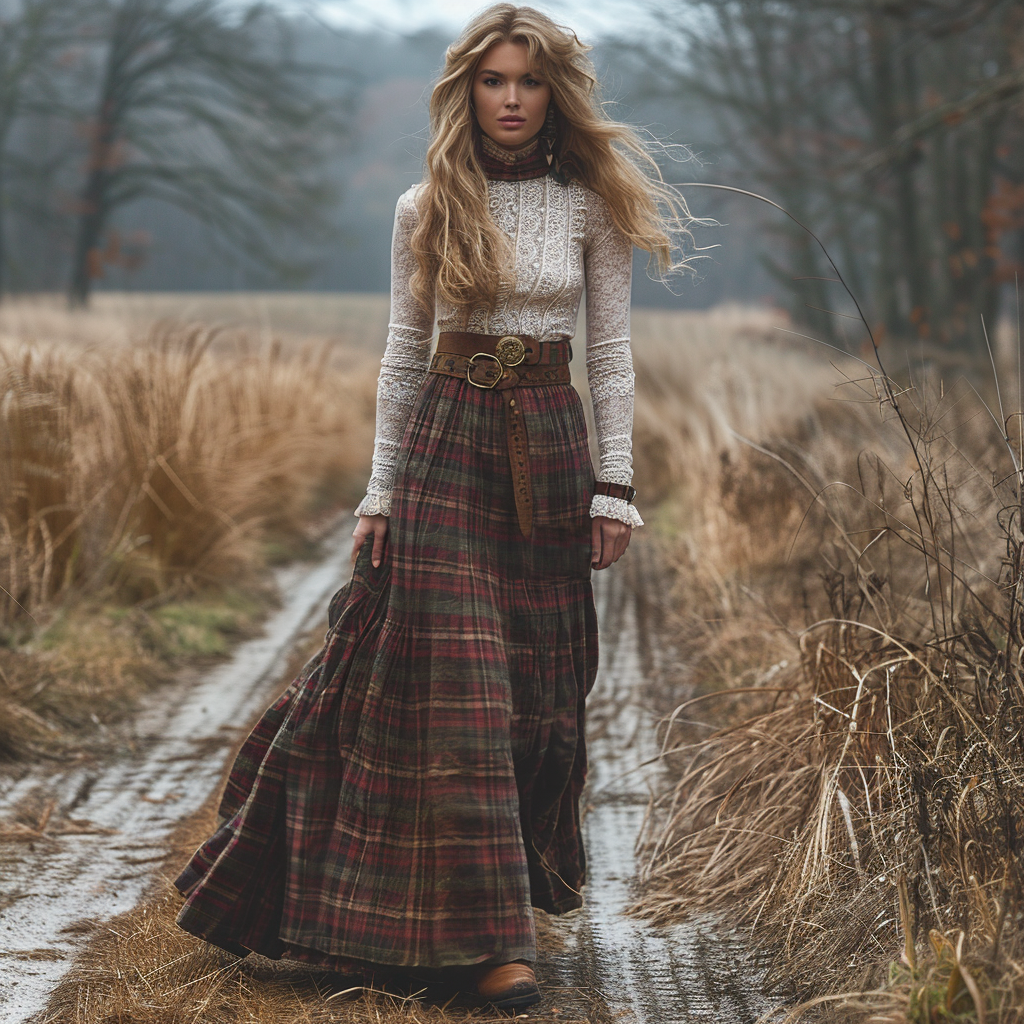 Women's Retro High Neck Long-sleeve Long Skirt Plaid Pastoral Style Maxi Long Dress