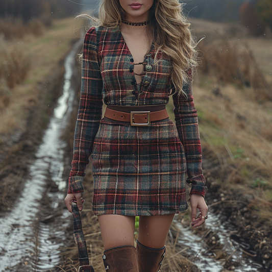 Women's Retro Plaid Pastoral Style Long-sleeve Short Dress