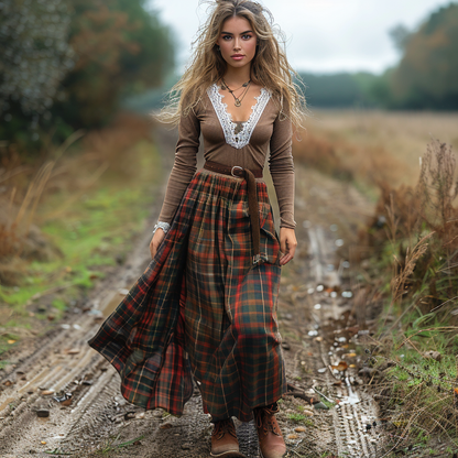 Women's Retro Plaid V-neck Long-sleeve Long Skirt Pastoral Style Maxi Long Dress