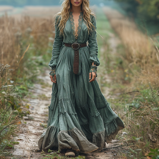 Women's Retro V-neck Country Pastoral Linen Style Long-sleeve Casual Maxi Long Dress
