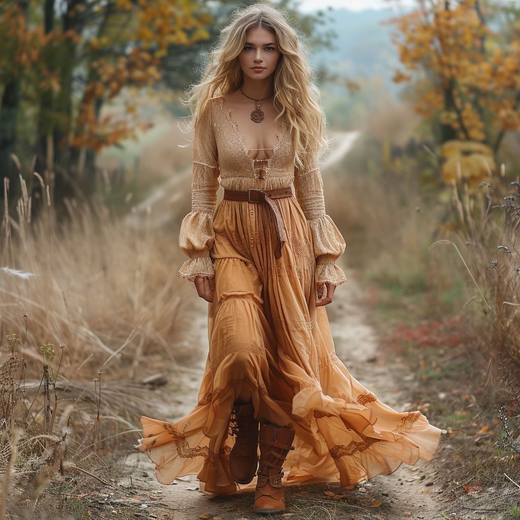 Women's Retro V-neck Country Pastoral Linen Style Long-sleeve Casual Maxi Long Dress