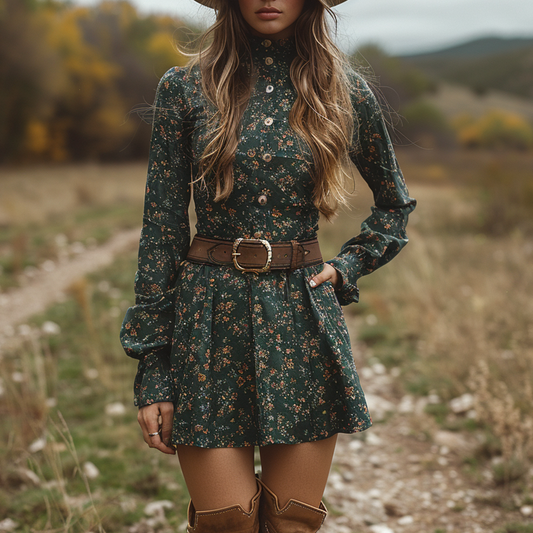 Women's Retro Floral Bohemian Pastoral Style Long-sleeved Mini Short Dress