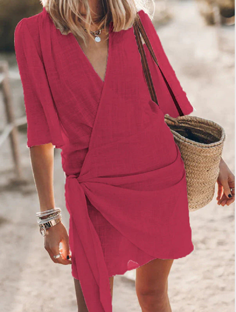 Casual Linen Cross Style V-neck Short-sleeved Dress