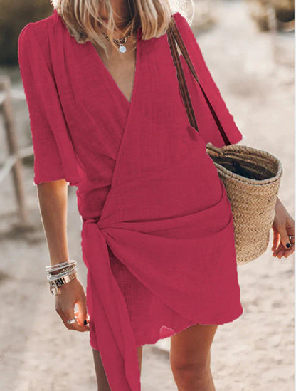 Casual Linen Cross Style V-neck Short-sleeved Dress
