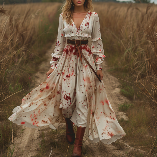 Women's Retro V-neck Linen Pastoral Halloween Style Long-sleeve Maxi Long Dress